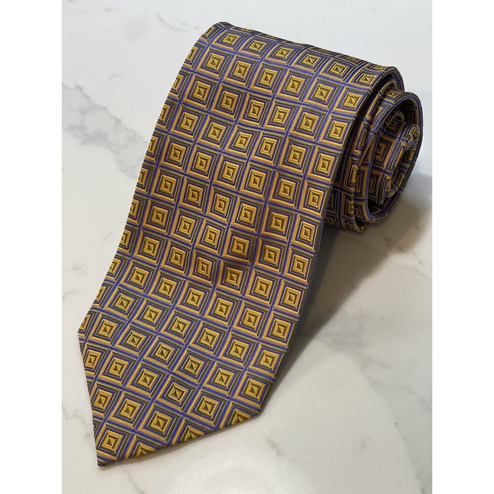 Talbots Geometric Jacquard Blue Yellow Gold Silk Tie 58 x 3 7/8 Italy